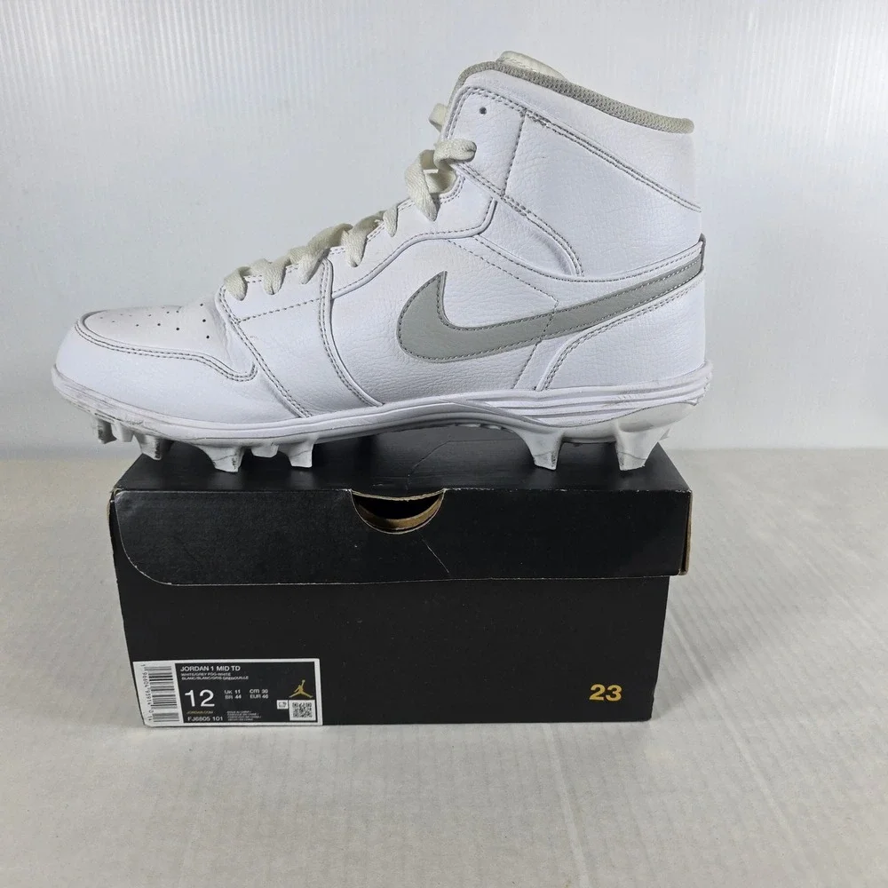 Nike Air Jordan 1 Retro Mid TD Football Cleats White Grey Fog Size 12 FJ6805-101
